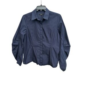 Quince 100% Organic Cotton Poplin Balloon Sleeve Shirt Small Ruched Blue #AAA7-6